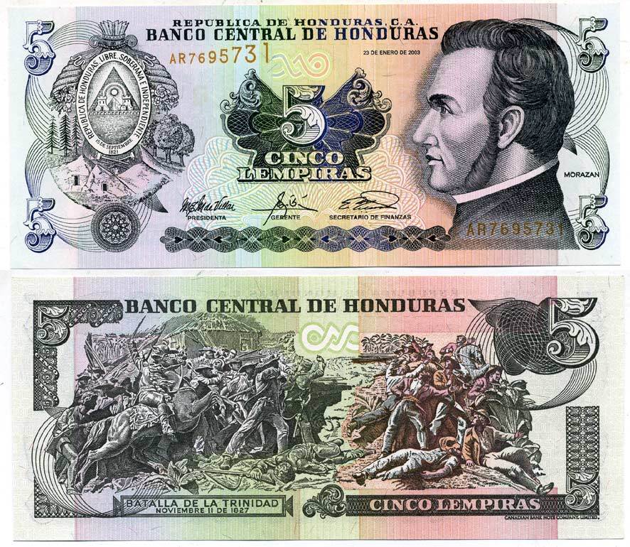 ГОНДУРАС 5 ЛЕМПИРА 2003 23 ЯНВАРЯ 2003, ФРАНСИСКО МОРАСАН, СЦЕНА БИТВЫ ЗА ТРИНИДАД Pick 85с бумага UNC (ПРЕСС) 7551-2-3-2