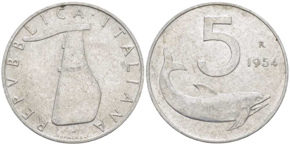ИТАЛИЯ 5 ЛИР 1954 R, РУЛЬ, ДЕЛЬФИН KM 92 алюминий 95-516
