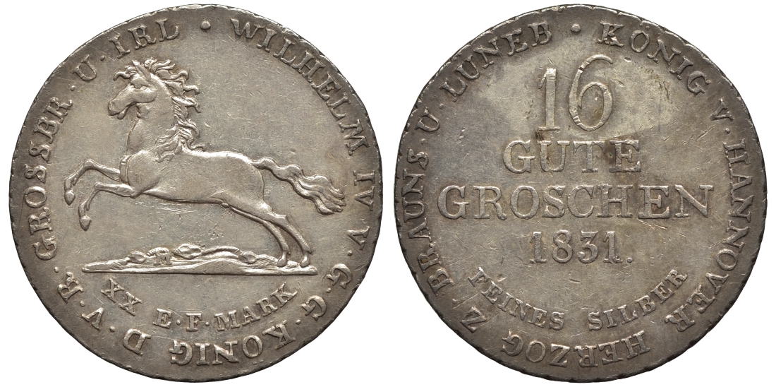 Брауншвейг-Каленберг-Ганновер 16 гутергрошенов 1831 Вильгельм IV (1830-1837) J. 33 a, AKS 66, Kahnt 211 серебро  aUNC  11-119-52