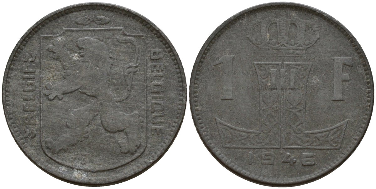 Бельгия 1 франк 1946 Belgie - Belgique, Леопольд III (1934-1947), германская оккупация, Вторая мировая война KM 128 цинк 4161-625