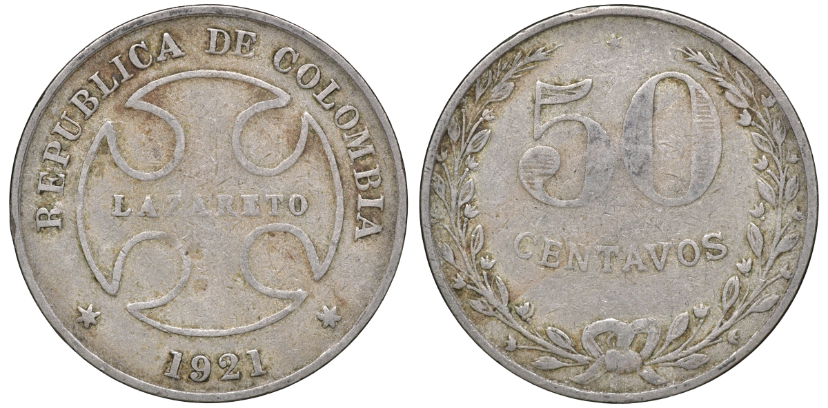 Колумбия 50 сентаво 1921 государственный лепрозорий KM L13 медно-никель 53-924
