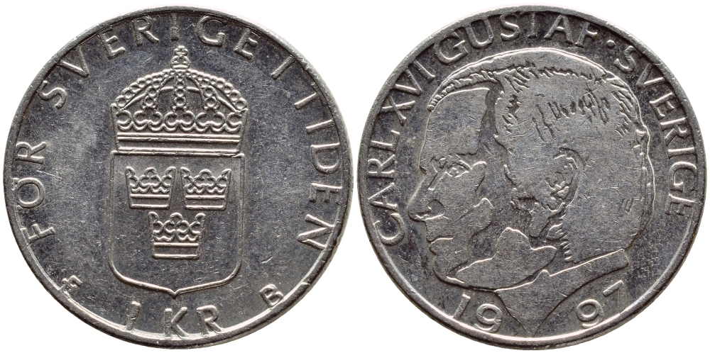 Швеция 1 крона 1997 Карл XVI Густав (1973- ) KM 852a медно-никель 4382-912