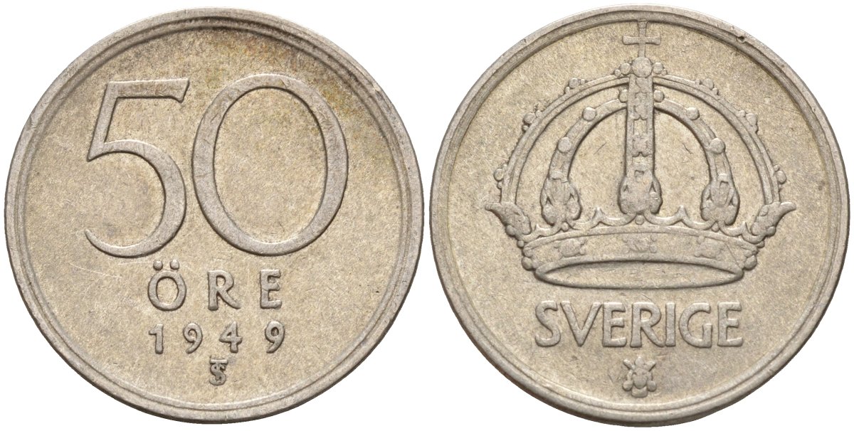 Швеция 50 эре 1949 TS, Густав V (1907-1950) KM 817 серебро 4148-857