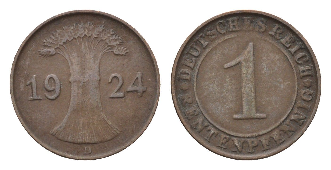 Германия 1 рентенпфенниг 1924 D KM 30, J. 306 бронза 4696-564