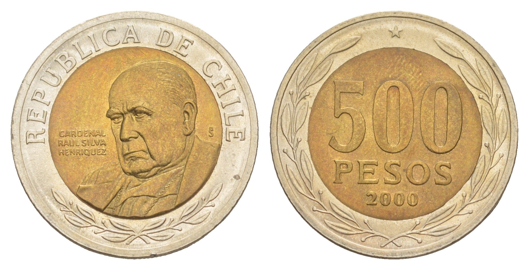 Чили 500 песо 2000 кардинал Рауль Сильва Энрикес (1907-1999) KM 235 биметалл UNC 4641-535