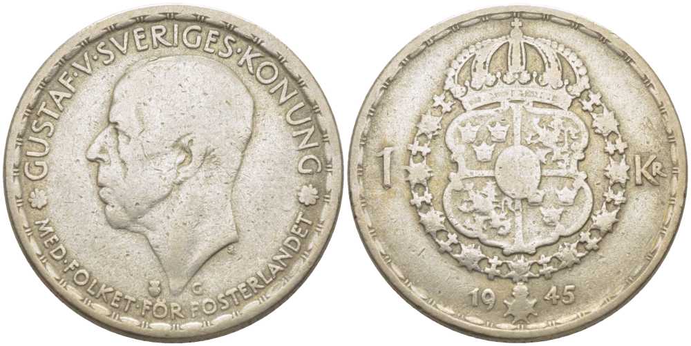 Швеция 1 крона 1945 G, Густав V (1907-1950) KM 814 серебро 119-1117