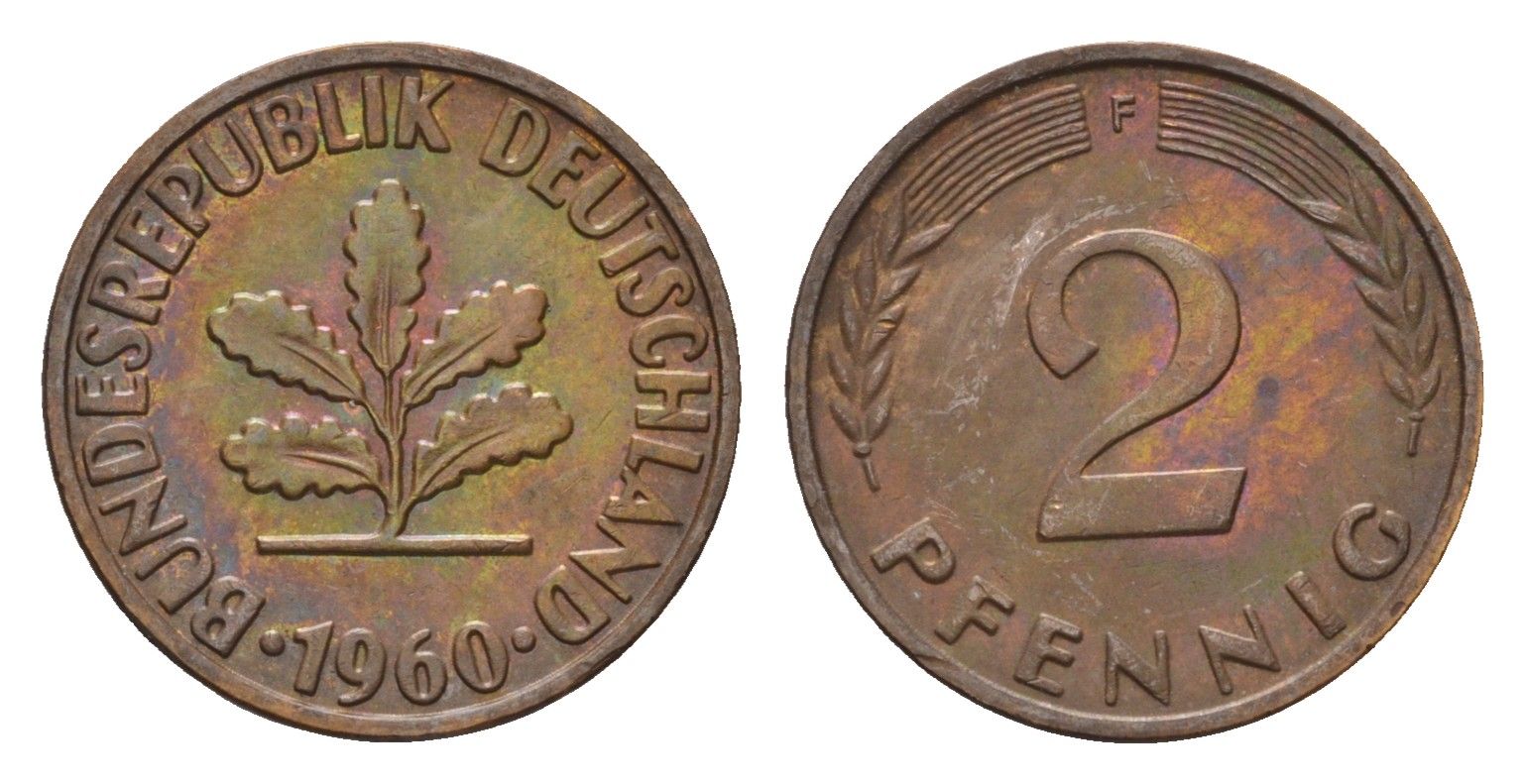 ФРГ 2 пфеннига 1960 F KM 106, J. 381 бронза 4547-1038