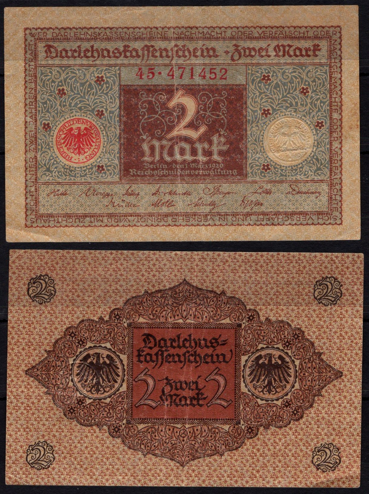 Германия 2 марки 1920 Веймарская республика, голубой цвет Pick 60 бумага 6293-1-2-1