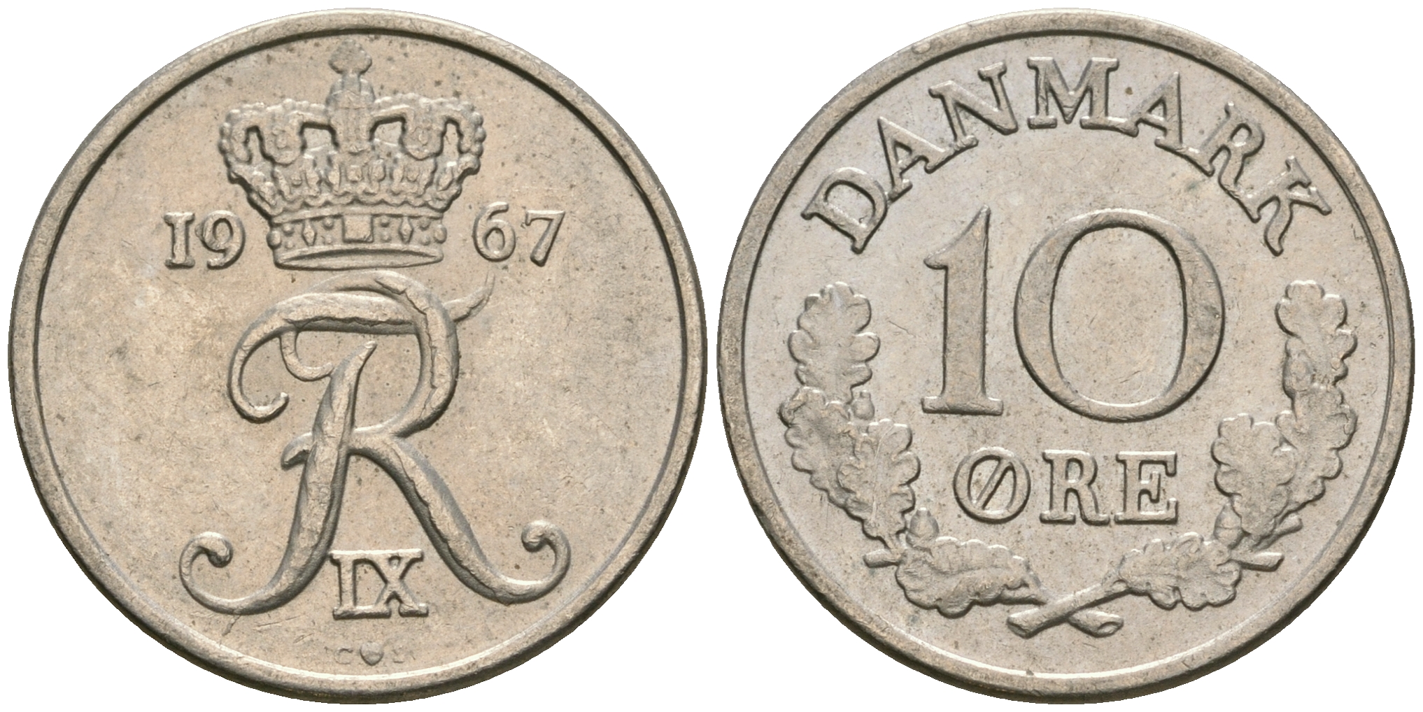 Дания 10 эре 1967 C; S, Фредерик IX (1947-1972) KM 849.1 медно-никель UNC 08-1441