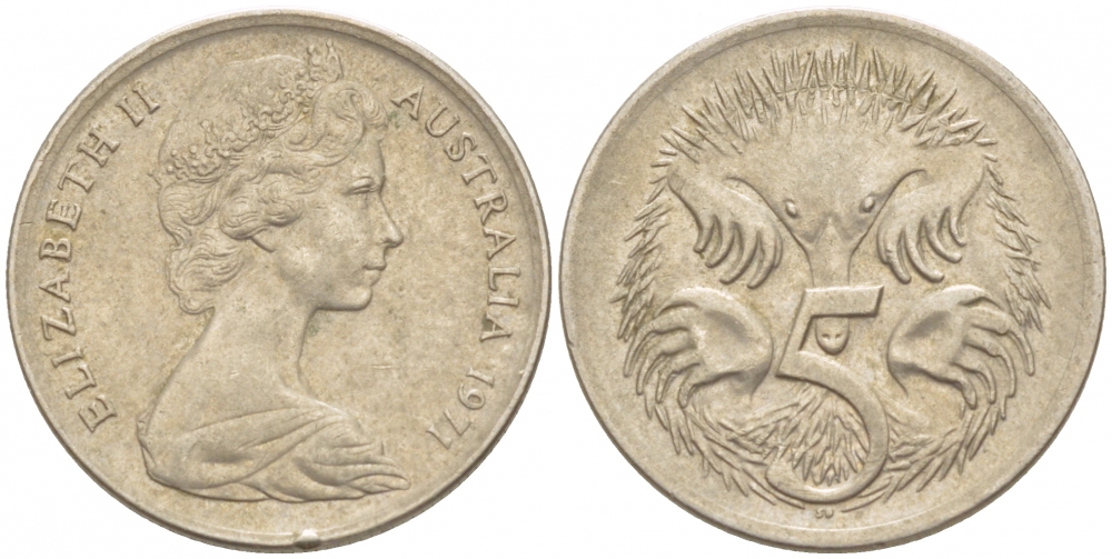 АВСТРАЛИЯ 5 ЦЕНТОВ 1971 ЕЛИЗАВЕТА II, МОЛОДОЙ ПОРТРЕТ, ЕХИДНА KM 64 медно-никель 4532-555