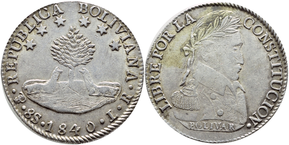 Боливия 8 солей 1840 LR, Симон Боливар KM 97 серебро 00-000-00