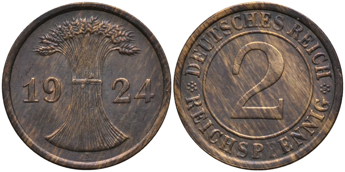 Германия 2 рейхспфеннига 1924 A KM 38 бронза 66-554