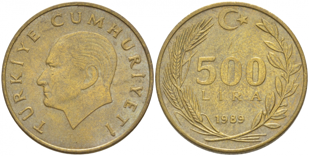 Турция 500 лир 1989 Кемаль Ататюрк KM 989 алюминиевая бронза 4402-1032