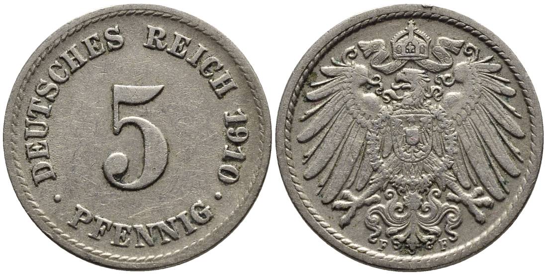 Германия 5 пфеннигов 1910 F KM 11, Jager 12, Weege 6 медно-никель 4547-518