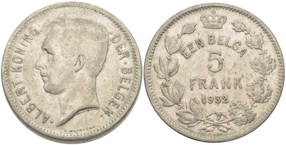 БЕЛЬГИЯ 5 ФРАНКОВ 1932 АЛЬБЕРТ I, DER BELGEN KM 98 никель 3851-416