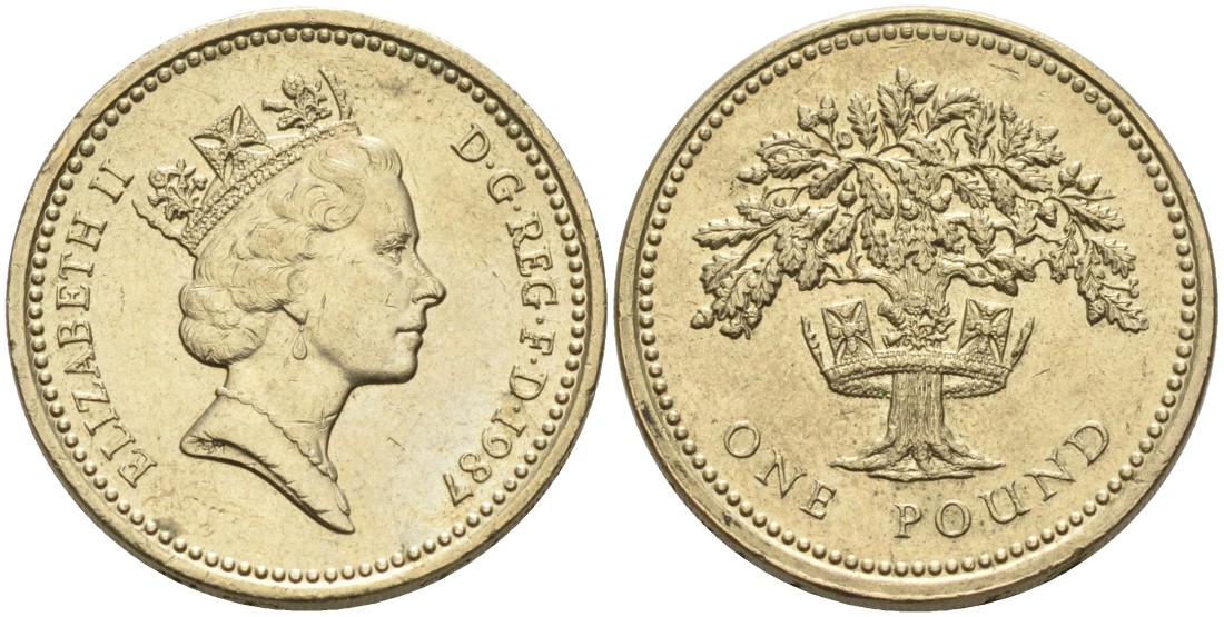 Англия 1 фунт 1987 Английский дизайн, ДУБ KM 948, Spink 4333 никель латунь 88-435