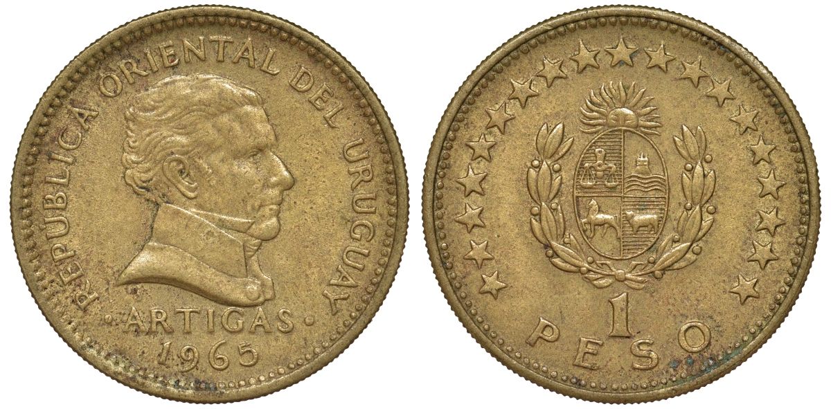 Уругвай 1 песо 1965 KM 46 алюминиевая бронза 190-837