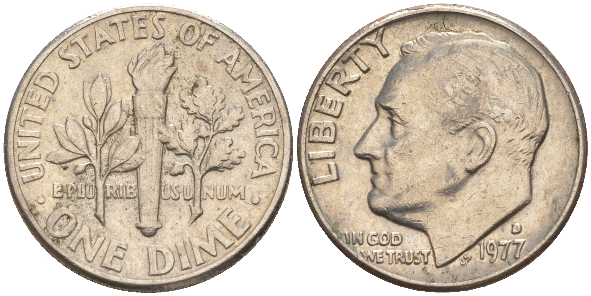 США 10 ЦЕНТОВ = 1 ДАЙМ 1977 D, РУЗВЕЛЬТ KM 195а медь плакированная медно-никелем 188-432