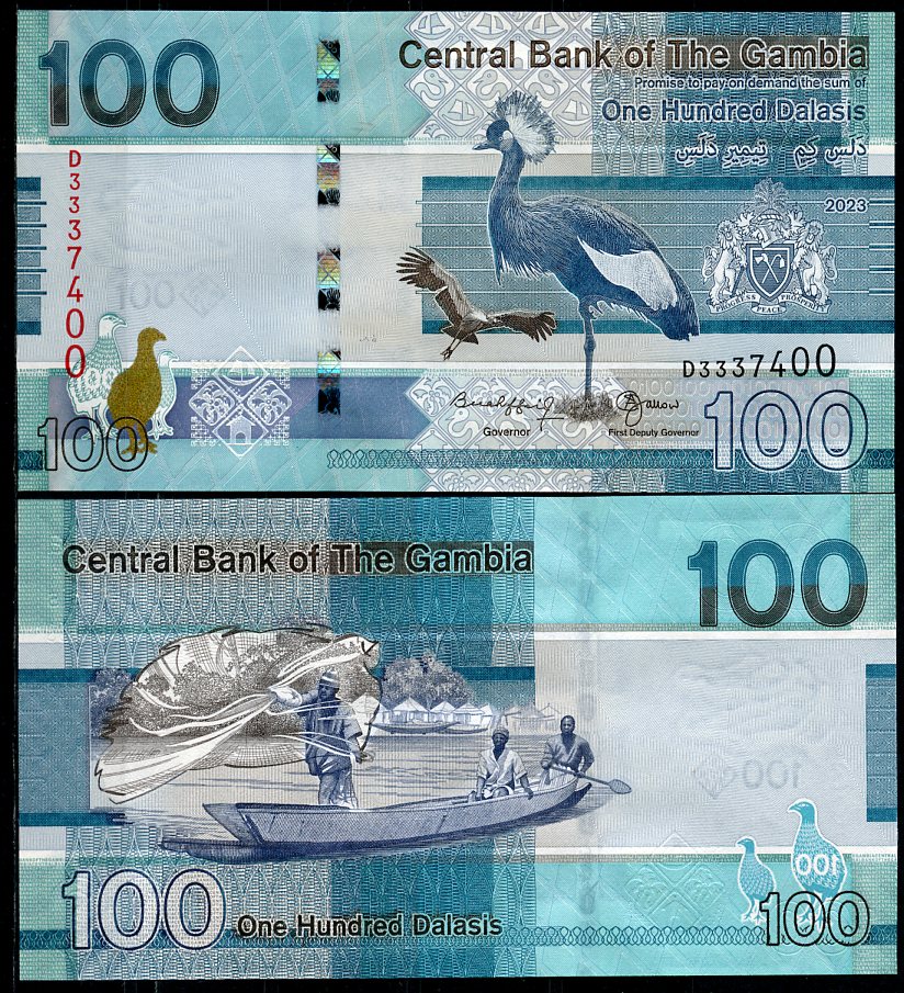 Гамбия 5, 10, 20, 50, 100 и 200 даласи 2023 серия птиц Pick 37, 38, 39, 40, 41, 42  бумага  UNC (пресс) 448-14-1-2