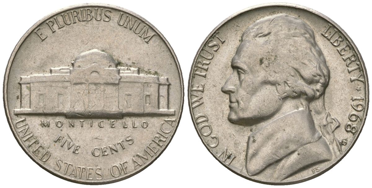 США 5 центов 1968 S (Сан-Франциско), Джефферсон KM A192 медно-никель 4592-246