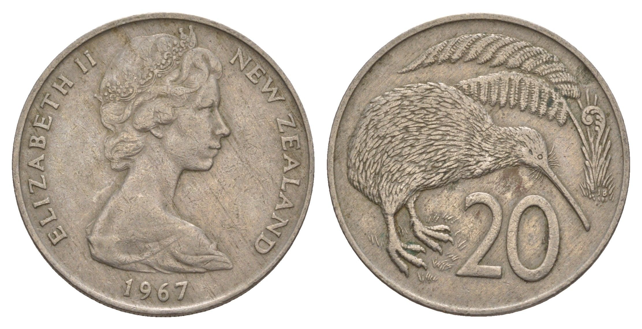 Новая Зеландия 20 центов 1967 Елизавета II (1952-2022), птичка киви KM 36.1 медно-никель 4182-746
