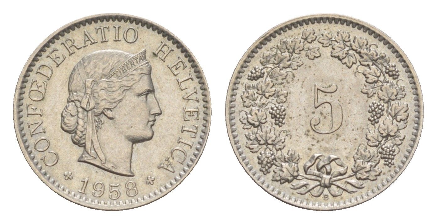 Швейцария 5 раппенов 1958 B KM 26 медно-никель 4532-665