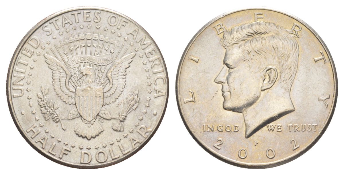США 1/2 доллара (50 центов) 2002 D, Джон Кеннеди KM A202b медь плакированная медно-никелем aUNC 4542-621