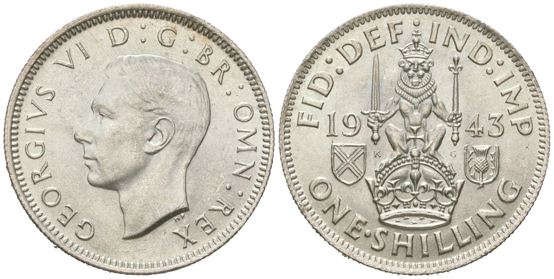 Великобритания 1 шиллинг 1943 Георг VI (1936-1952), Шотландский герб KM 854, Spink 4083 серебро aUNC 4619-827