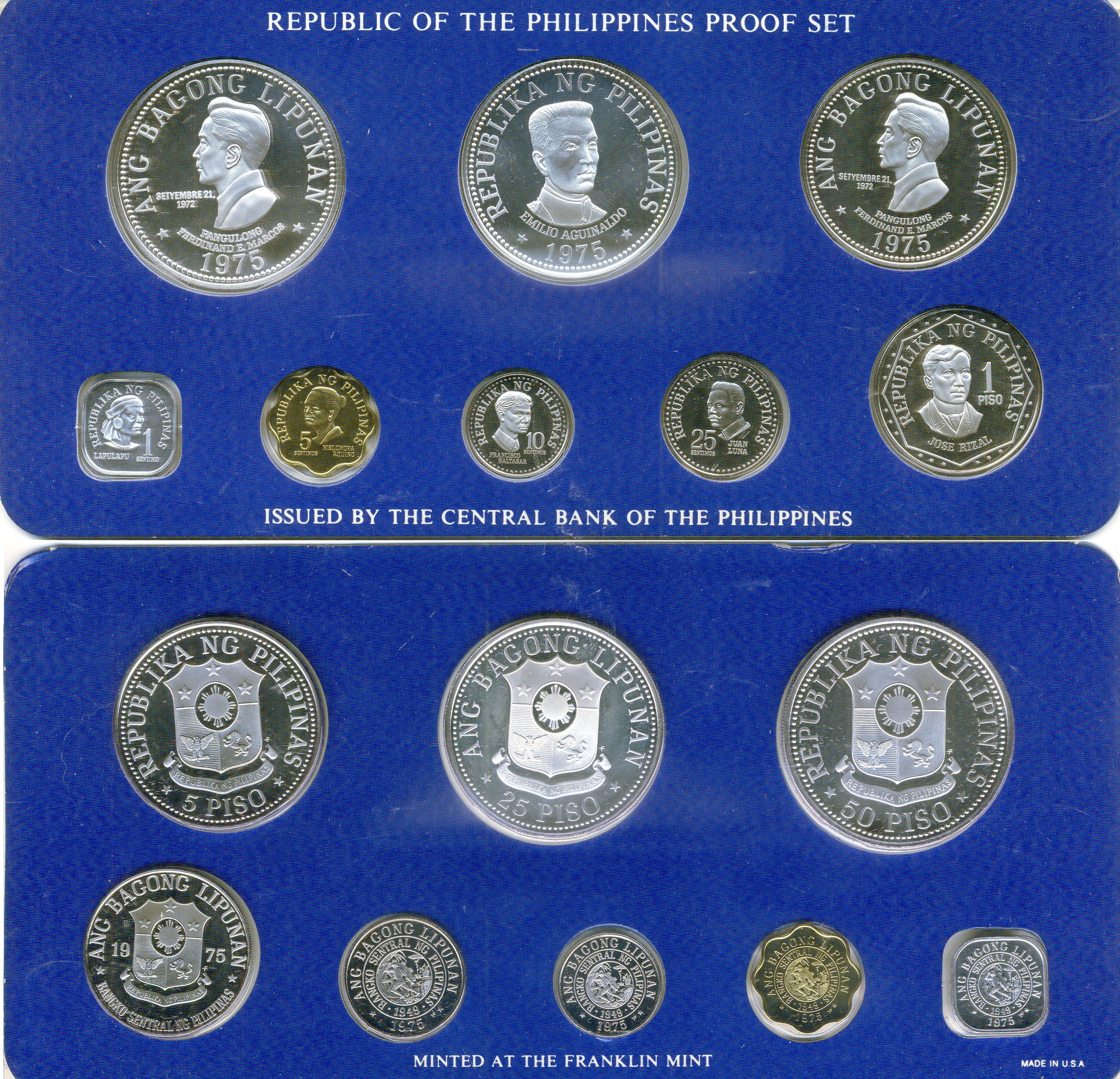 Филиппины набор из 8 монет (1, 5, 10 и 25 сентимо; 1, 5, 25 и 50 писо) 1975 Эмилио Агинальдо, Третья годовщина Нового Общества, в оригинальной упаковке, с сертификатом подлинности KM 205, 206, 207, 208, 209.1, 210.1, 211 и 212 PROOF 4-3-1-20