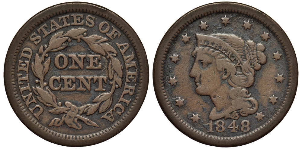 США 1 цент 1848 большой формат, Braided hair  медь    1531-132