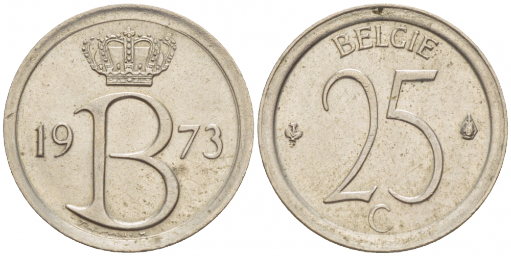 БЕЛЬГИЯ 25 САНТИМОВ 1973 BELGIE KM 154.1 медно-никель UNC 3996-1133
