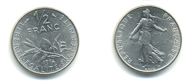 ФРАНЦИЯ 1/2 ФРАНКА 1974 СЕЯТЕЛЬ KM 931.1, LE FRANC 198.13 никель 25-931