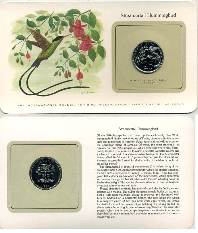 ЯМАЙКА 25 ЦЕНТОВ 1980 СЕРИЯ МОНЕТЫ МИРА С ИЗОБРАЖЕНИЕМ ПТИЦ, В ОРИГИНАЛЬНОМ БУКЛЕТЕ С ОПИСАНИЕМ KM 56 медно-никель UNC 5121-20
