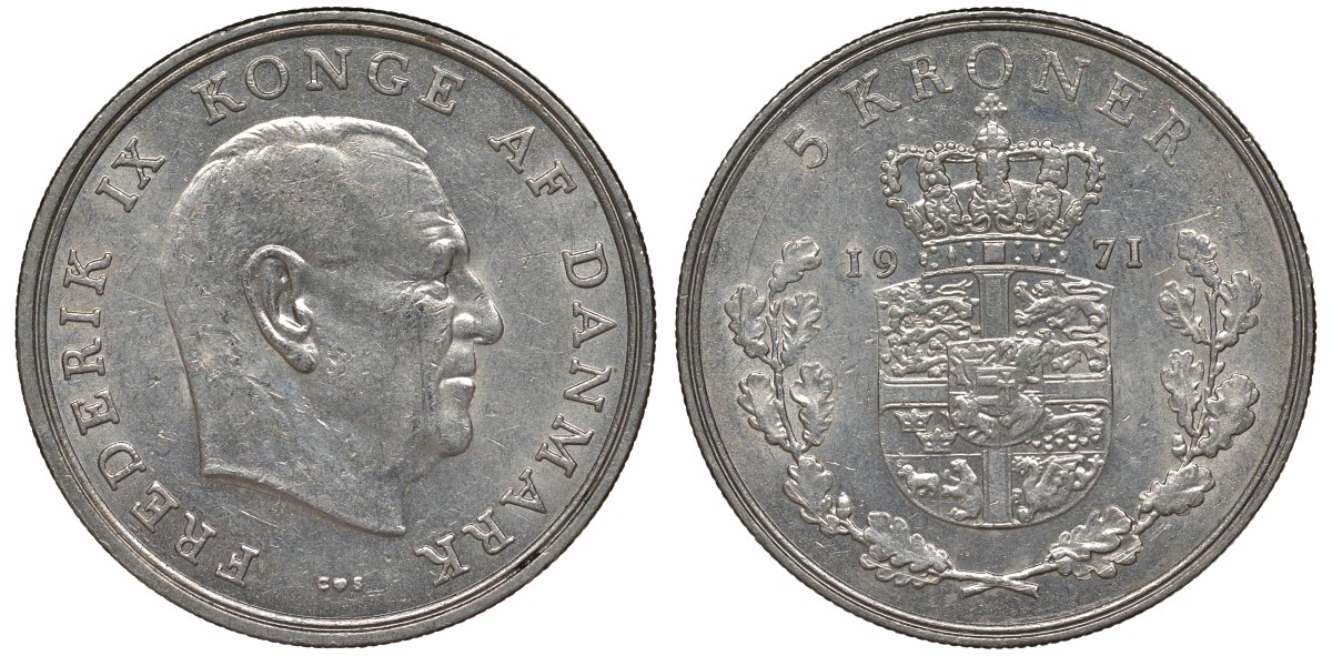 Дания 5 крон 1971 Фредерик IX (1947-1972) KM 853 медно-никель 4125-211