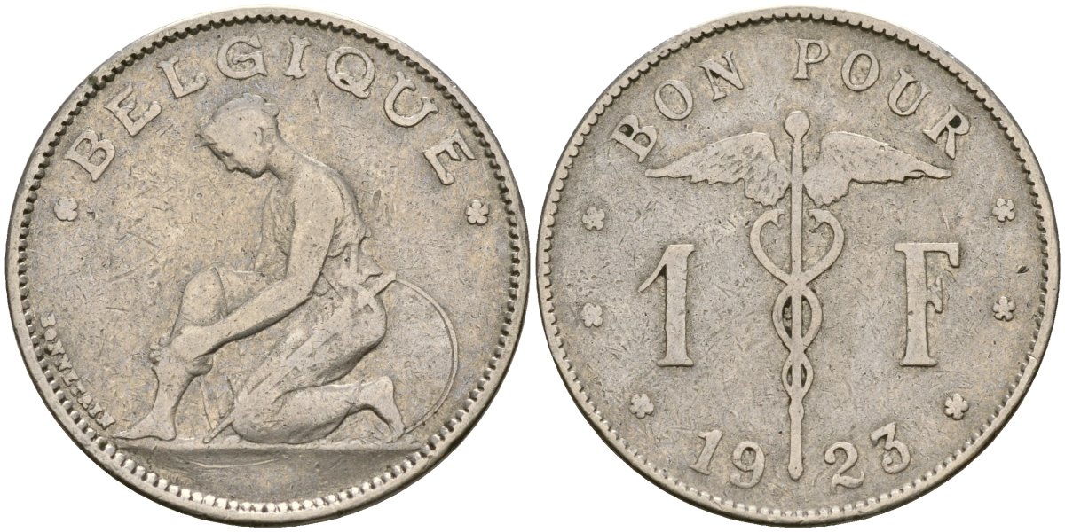Бельгия 1 франк 1923 BELGIQUE KM 90 никель 73-1221