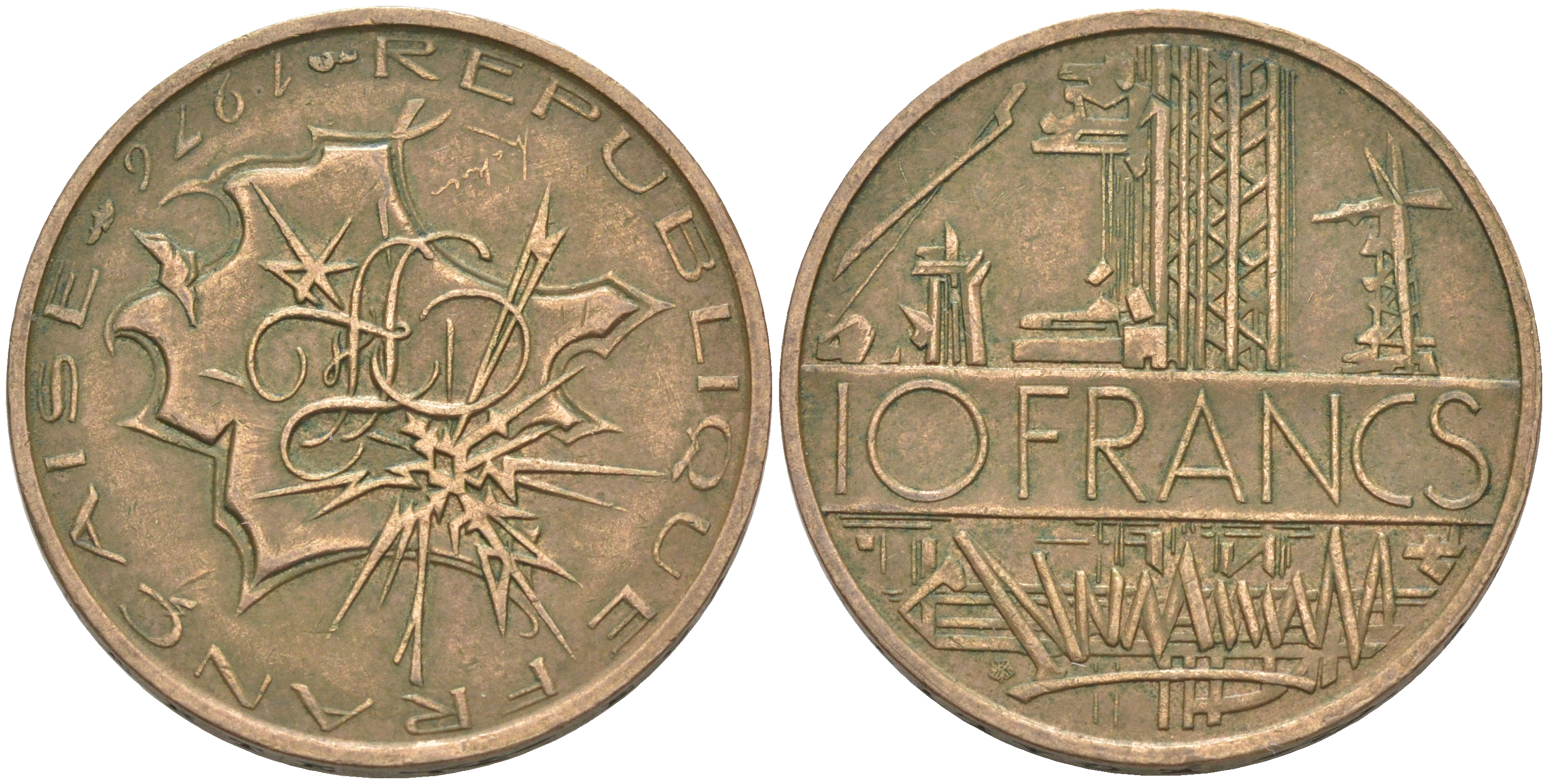 Франция 10 франков 1976 тип Матье KM 940, Le Franc 365.7-8 никель латунь 106-255