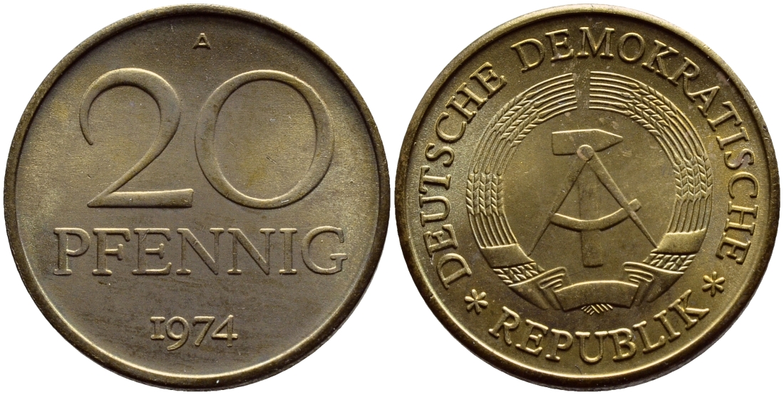 ГДР 20 пфеннигов 1974 А KM 11 латунь UNC 54-2411