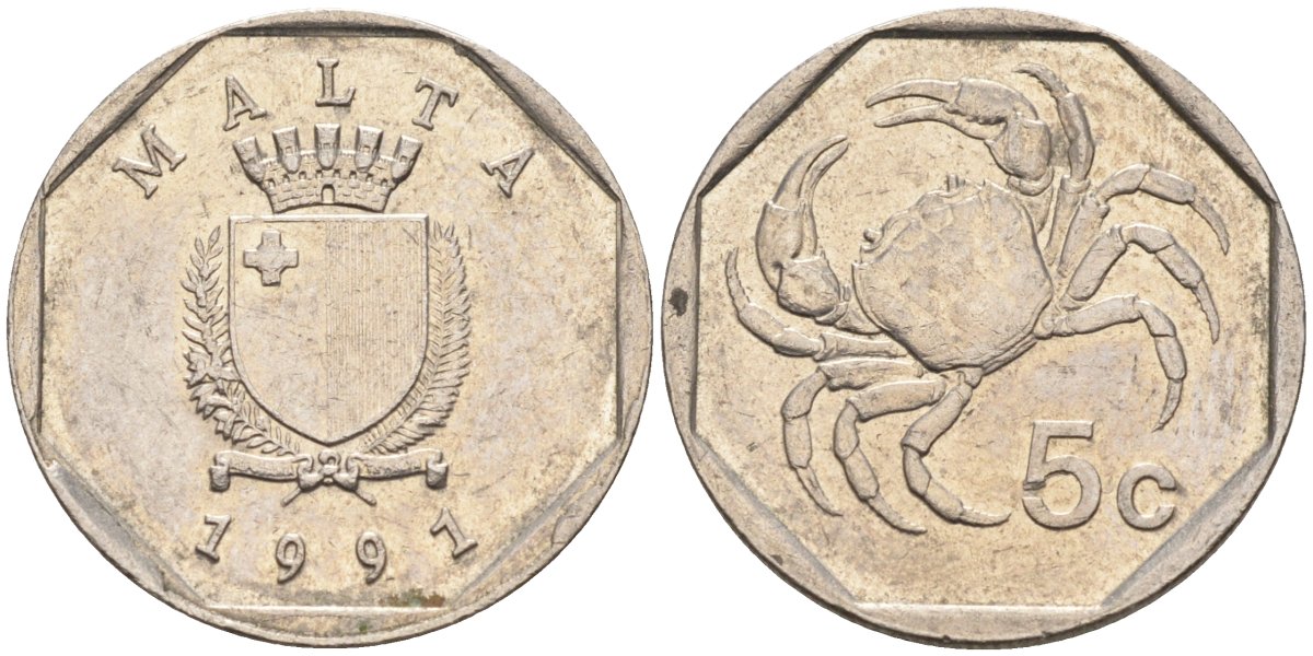 Мальта 5 центов 1991 краб KM 95 медно-никель 4564-543