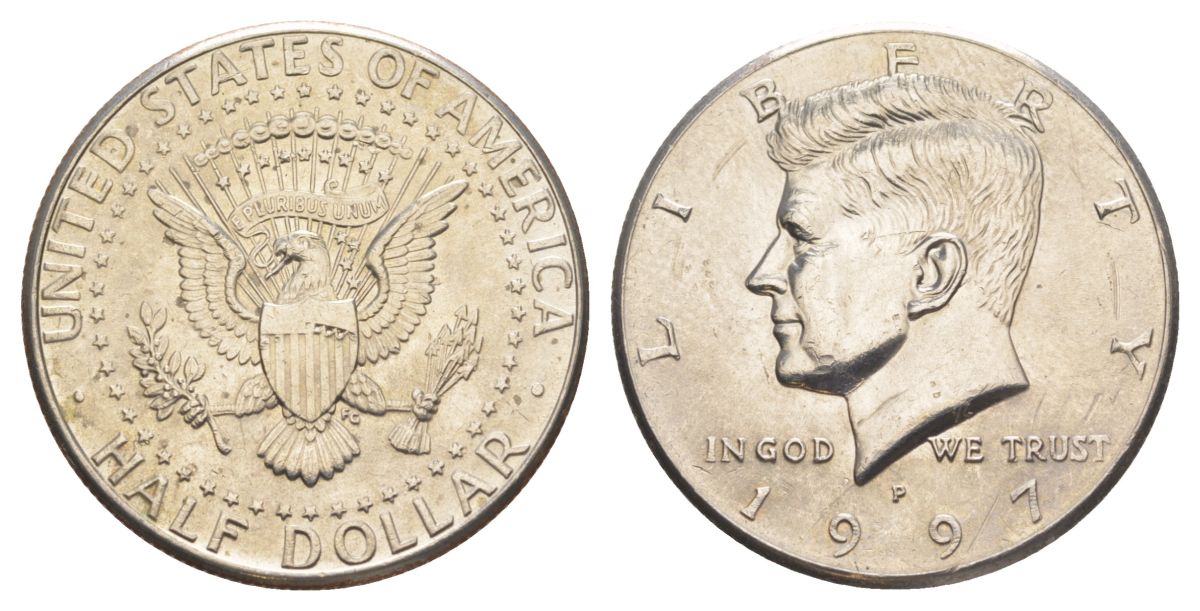 США 1/2 доллара (50 центов) 1997 P, Джон Кеннеди KM A202b медь плакированная медно-никелем aUNC 4517-842