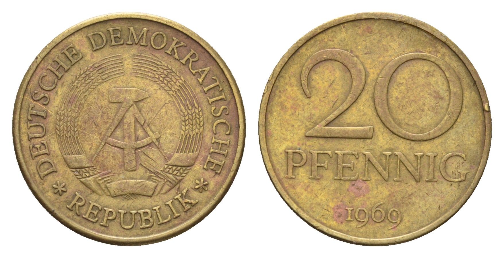 ГДР 20 пфеннигов 1969 A KM 11 латунь 192-233