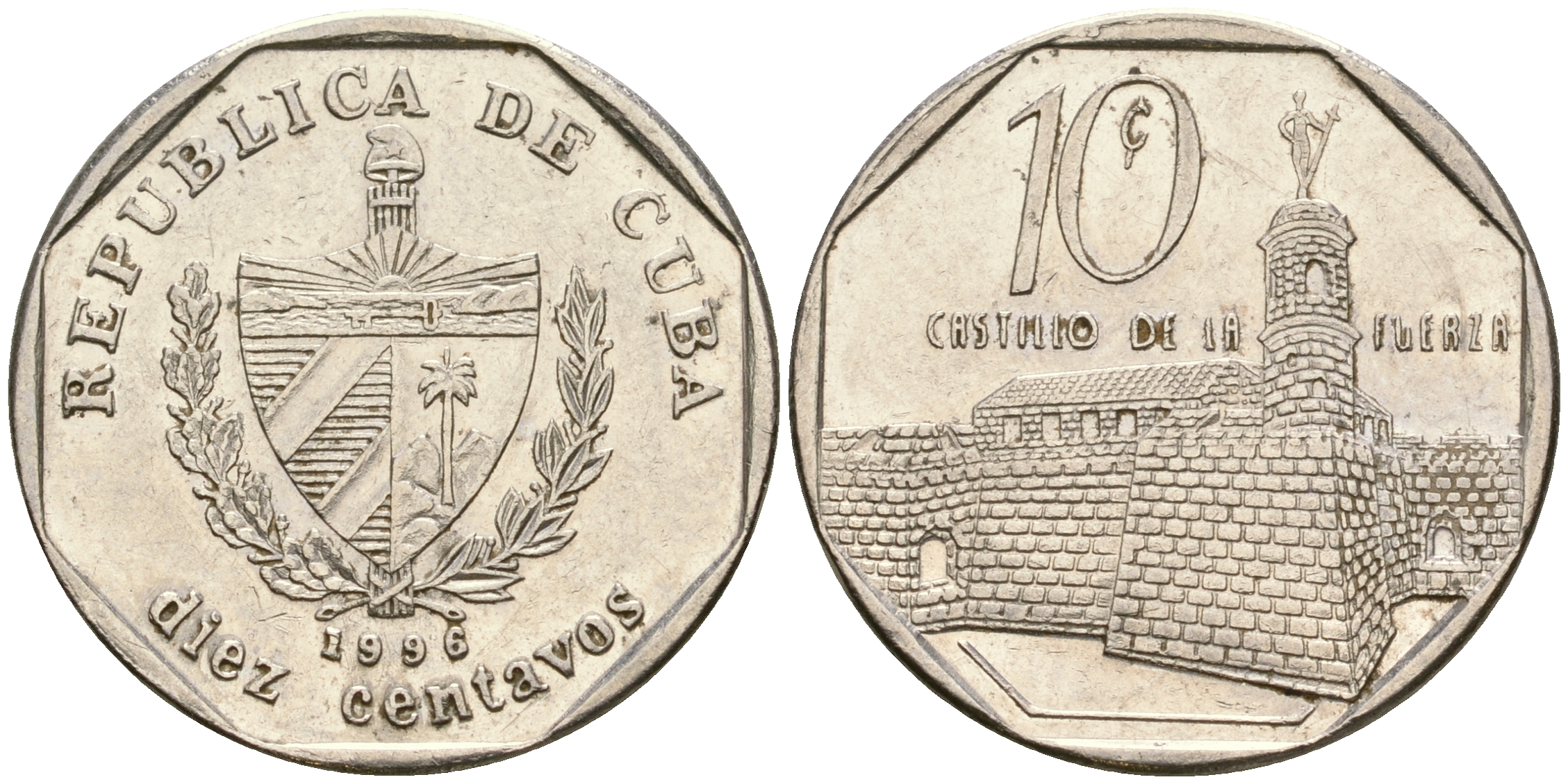 Куба 10 сентаво 1996 форт в Гаване Ла-Фуэрса KM 576.2 сталь плакированная никелем 4364-1535