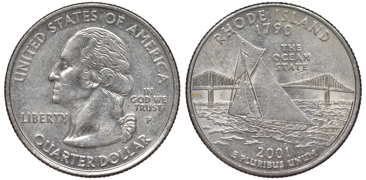 США 25 центов = квотер 2001 Р, серия штаты США, Род-Айленд KM 320 медь плакированная медно-никелем 4538-1232