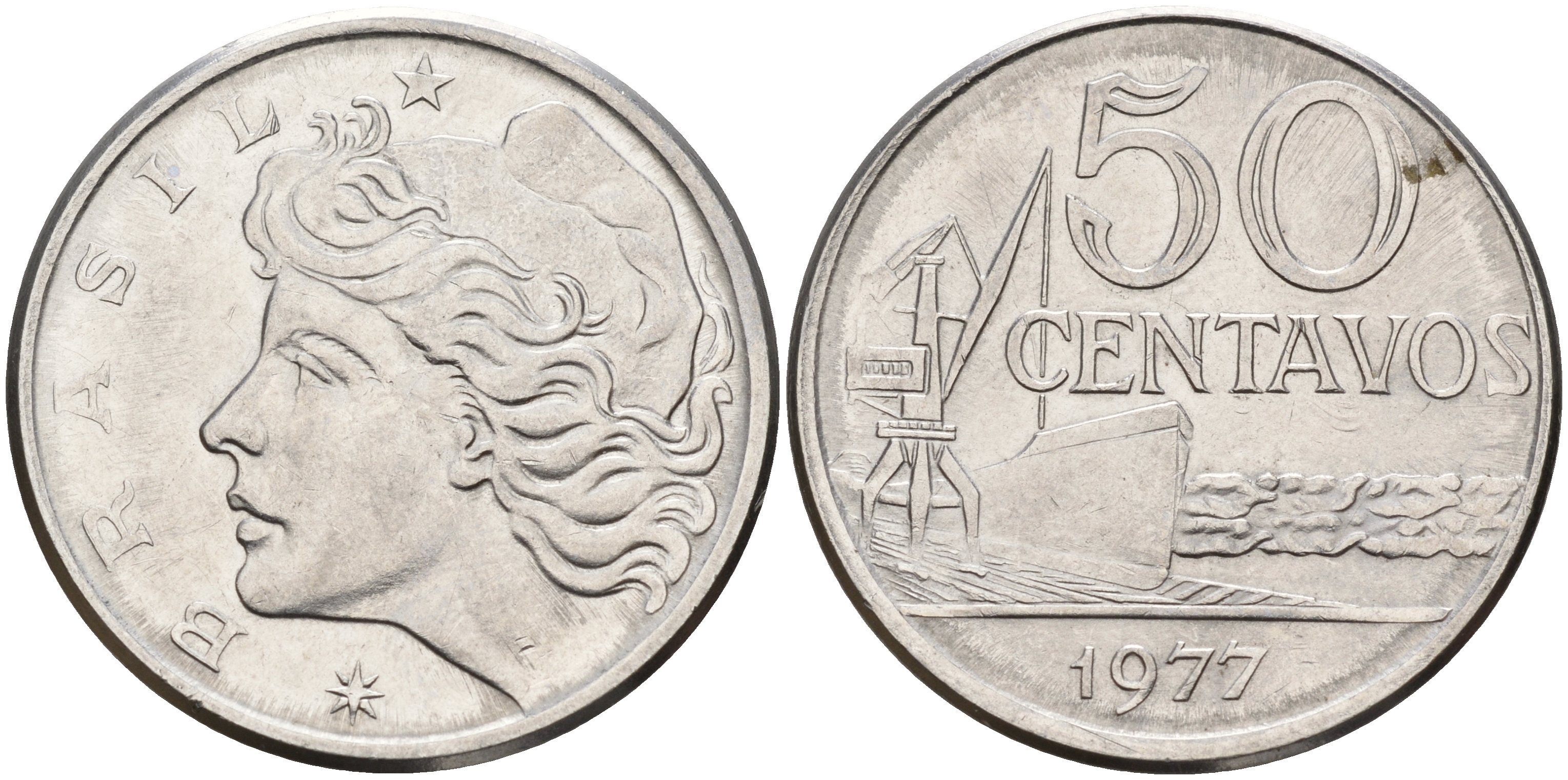 Бразилия 50 сентаво 1977 голова свободы влево KM 580b сталь  UNC  4603-217