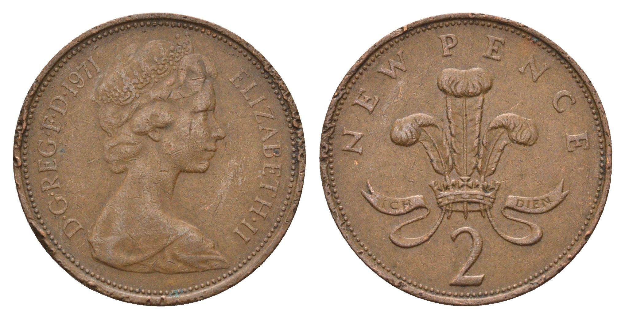 Великобритания 2 пенса 1971 Елизавета II (1952-2022) KM 916, Spink 4235 (C1) бронза 4699-431