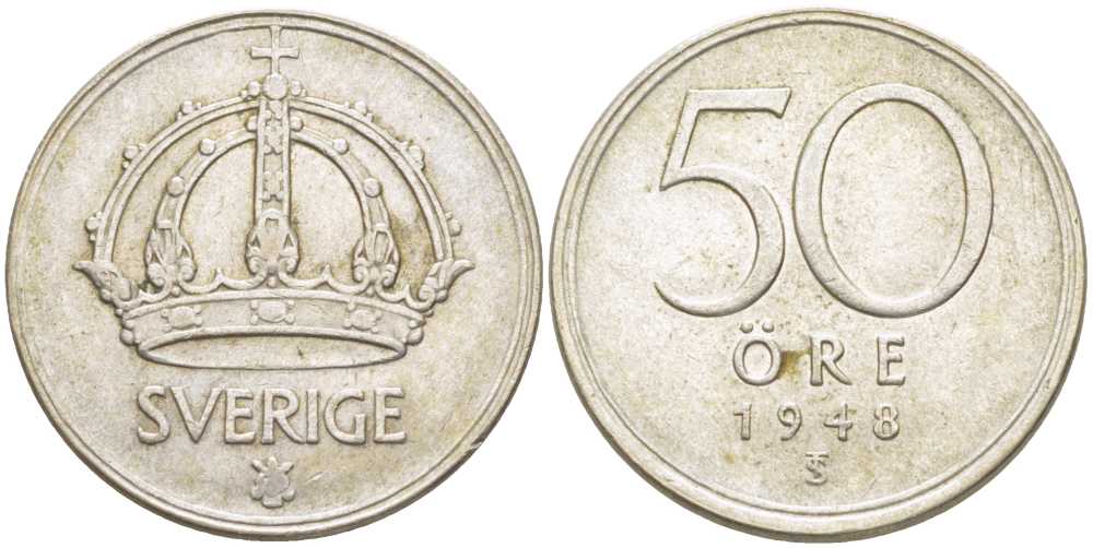 Швеция 50 эре 1948 TS, Густав V (1907-1950) KM 817 серебро 119-1046