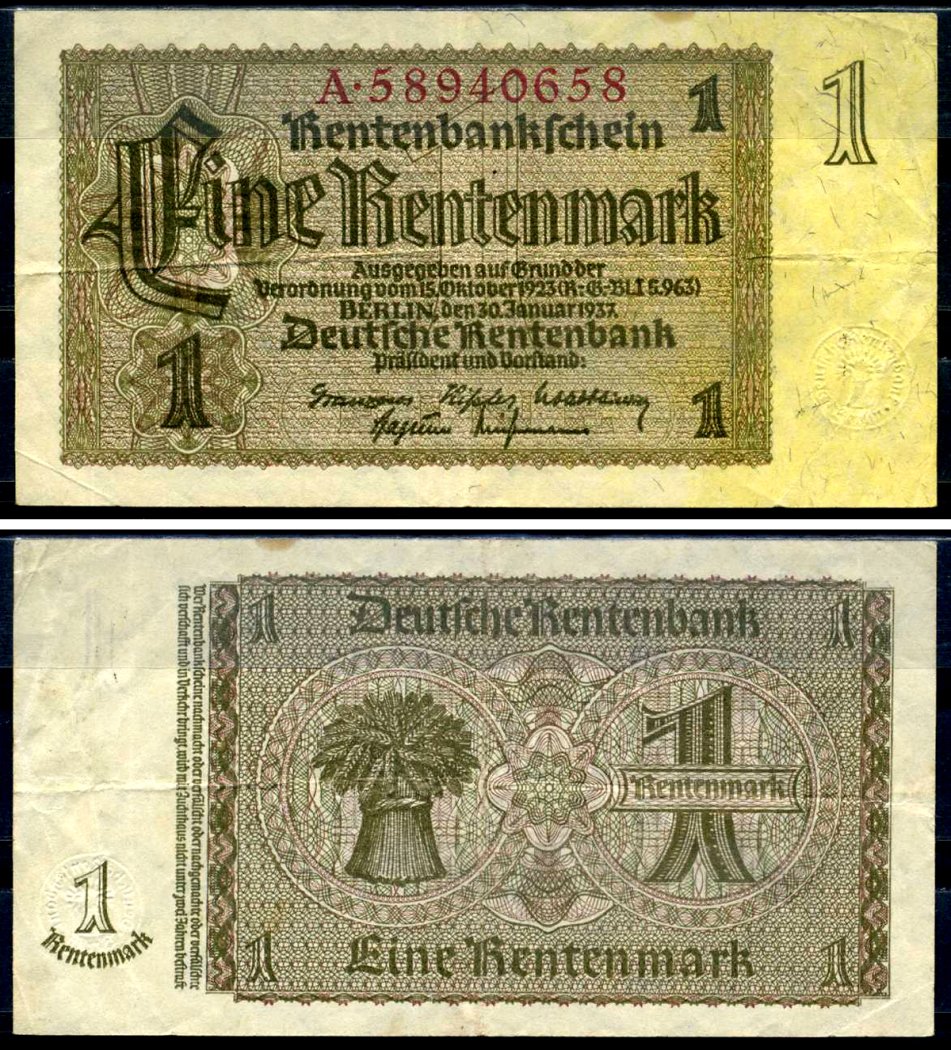 Германия 1 рентенмарка 1937 30 января 1937, восемь цифр в номере, серия A Pick 173 b, Rosenberg 166 b бумага 7376-35-3-2