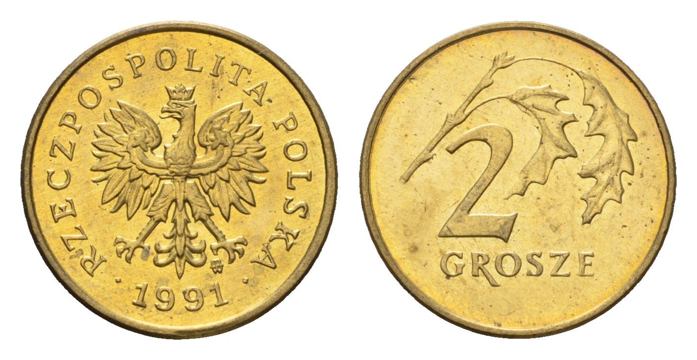 Польша 2 гроша 1991 Y 277 марганец латунь UNC 4674-943