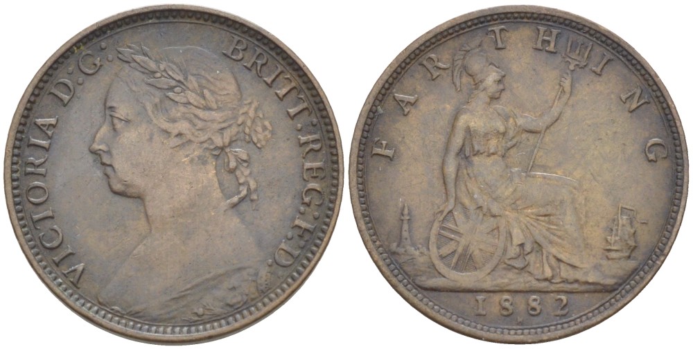 Великобритания 1 фартинг 1882 H, Виктория (1837-1901) KM 753, Spink 3959 бронза 4543-914