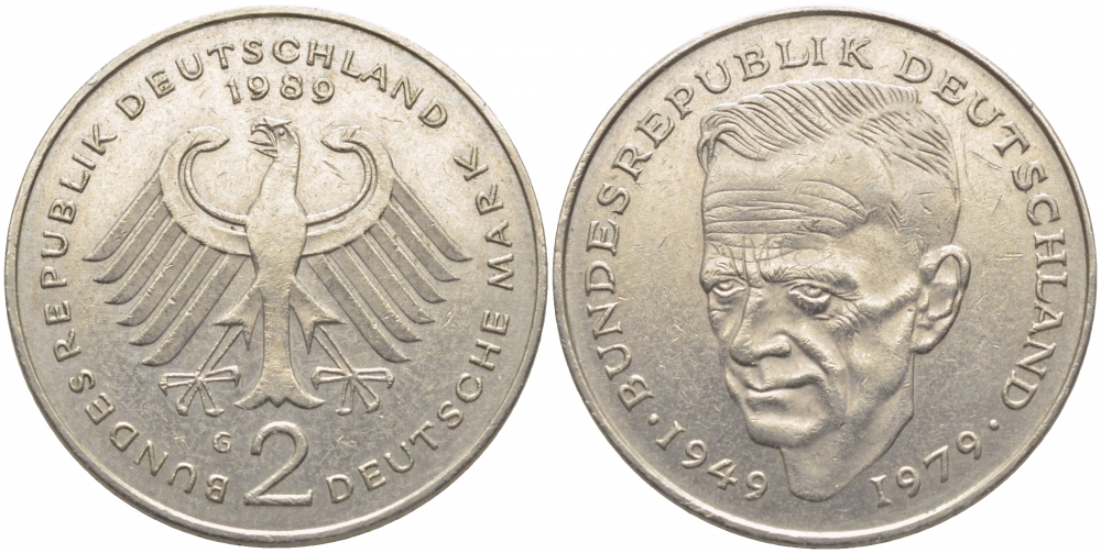 ФРГ 2 МАРКИ 1989 G, КУРТ ШУМАХЕР KM 149, J. 424 медно-никель плакированный никелем 3856-357