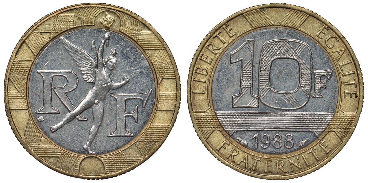 Франция 10 франков 1988 тип Гений Бастилии KM 964.1, Le Frank 375.2 биметалл 4128-511